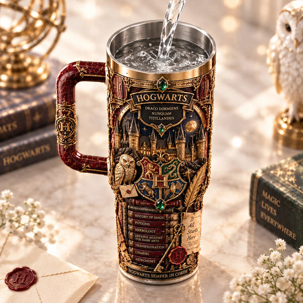 It All Starts Here - Hogwarts Crest Tumbler in Crimson and Gold - main