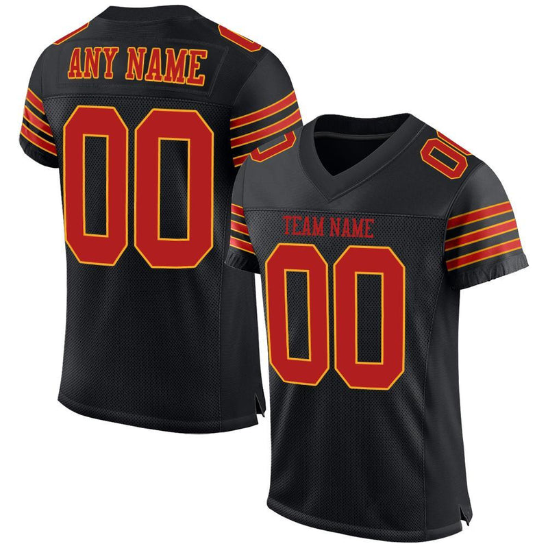 Custom Football Jersey, Black Scarlet Gold Sportswear Jersey Shirt, Athletic Mesh Moisture Wicking Jersey, Casual Gift for Men