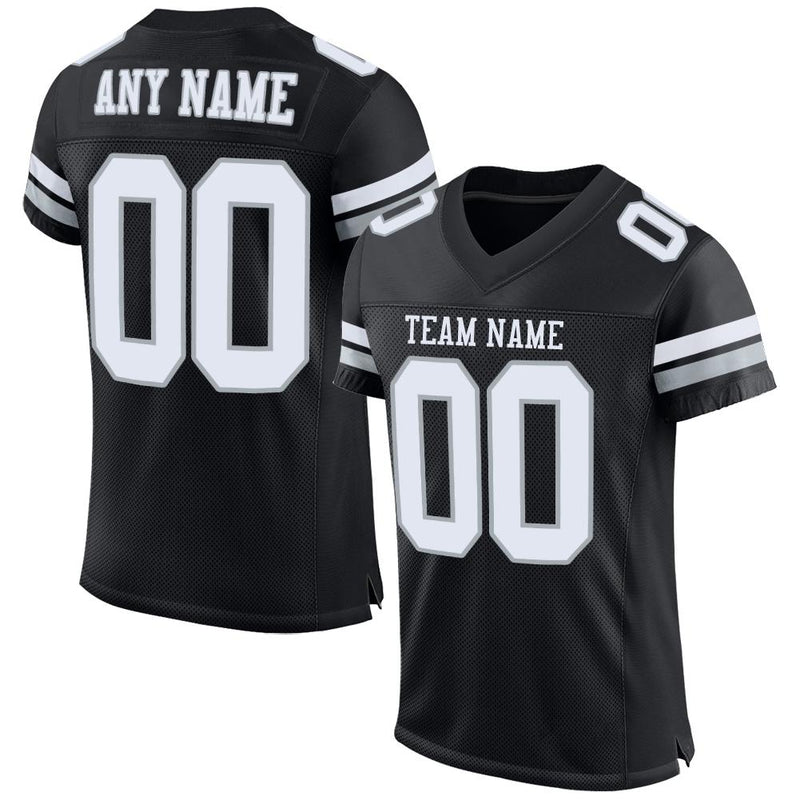Custom Football Jersey, Black White Silver Sportswear Jersey Shirt, Athletic Mesh Moisture Wicking Jersey, Casual Gift for Men, Style Black0074