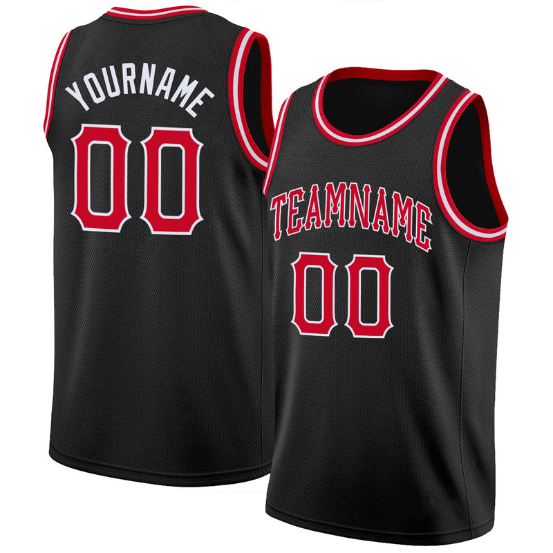 Custom Basketball Jersey, Black Red White Sportswear Jersey Shirt, Athletic Mesh Moisture Wicking Jersey, Casual Gift for Men, Style Black0111