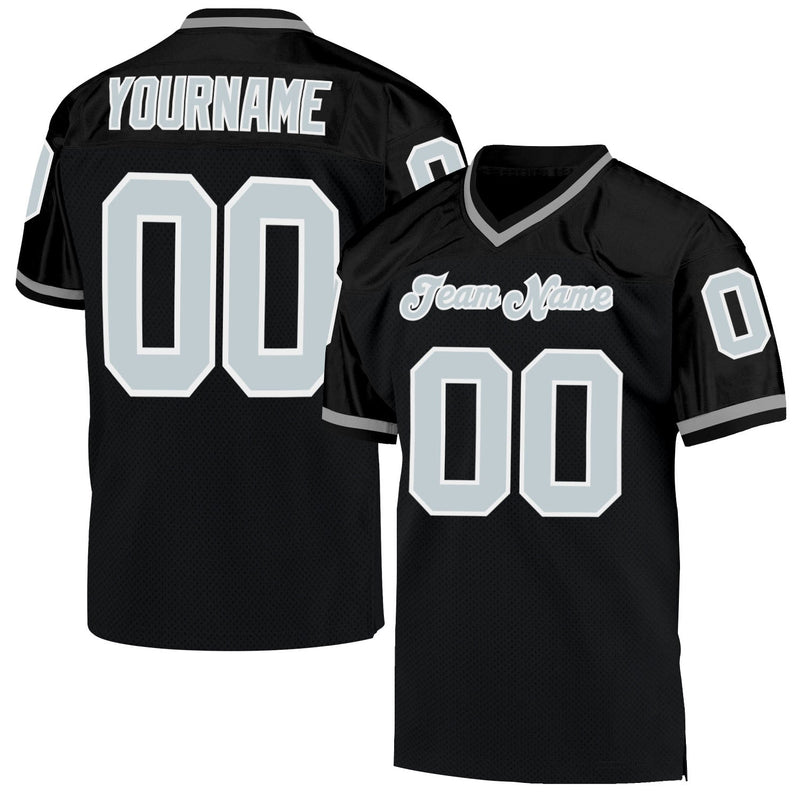 Custom Football Jersey, Black Silver White Sportswear Jersey Shirt, Athletic Mesh Moisture Wicking Jersey, Casual Gift for Men, Style Black0415