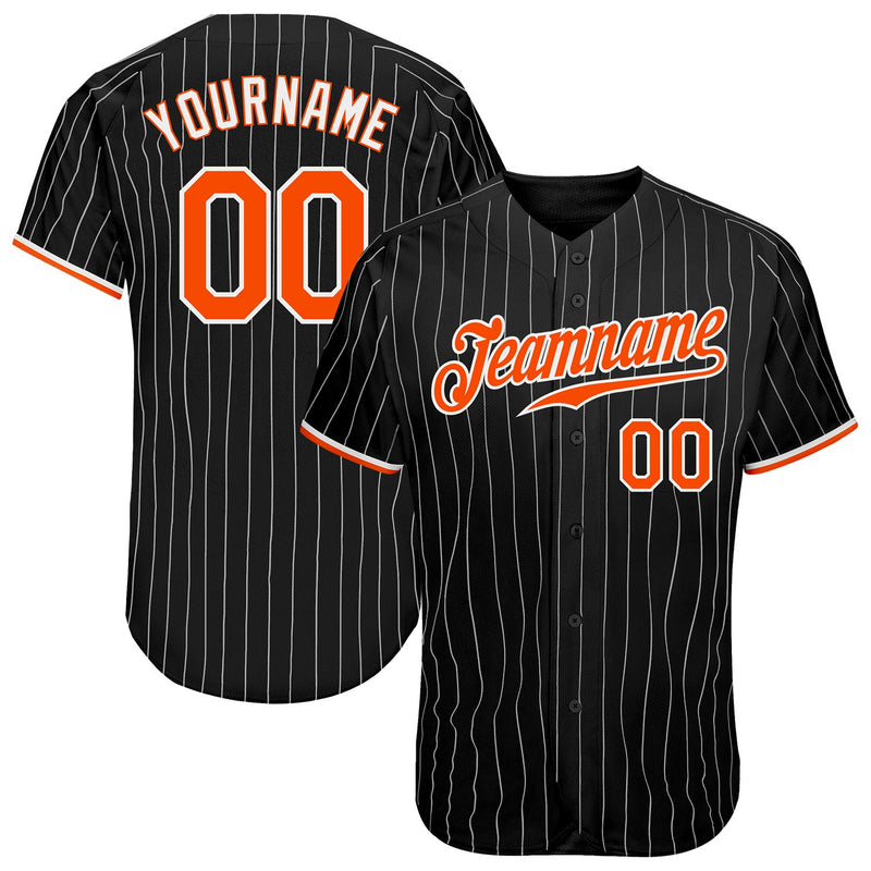 Custom Baseball Jersey, Black White Orange Pinstripe Sportswear Jersey Shirt, Athletic Button Down Moisture Wicking Jersey, Casual Gift for Men