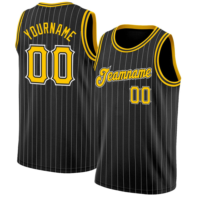 Custom Basketball Jersey, Black White Gold Pinstripe Sportswear Jersey Shirt, Athletic Mesh Moisture Wicking Jersey, Casual Gift for Men