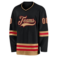 Custom Hockey Jersey, Black Old Gold Red Sportswear Jersey Shirt, Athletic Long Sleeve V Neck Jersey, Casual Gift for Men, Style Black0541