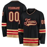 Custom Hockey Jersey, Black Old Gold Red Sportswear Jersey Shirt, Athletic Long Sleeve V Neck Jersey, Casual Gift for Men, Style Black0541