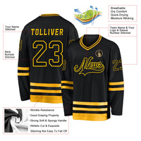 Custom Hockey Jersey, Black Gold Sportswear Jersey Shirt, Athletic Long Sleeve V Neck Jersey, Casual Gift for Men, Style Black0543
