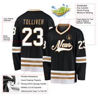 Custom Hockey Jersey, Black White Old Gold Sportswear Jersey Shirt, Athletic Long Sleeve V Neck Jersey, Casual Gift for Men