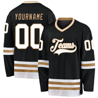 Custom Hockey Jersey, Black White Old Gold Sportswear Jersey Shirt, Athletic Long Sleeve V Neck Jersey, Casual Gift for Men