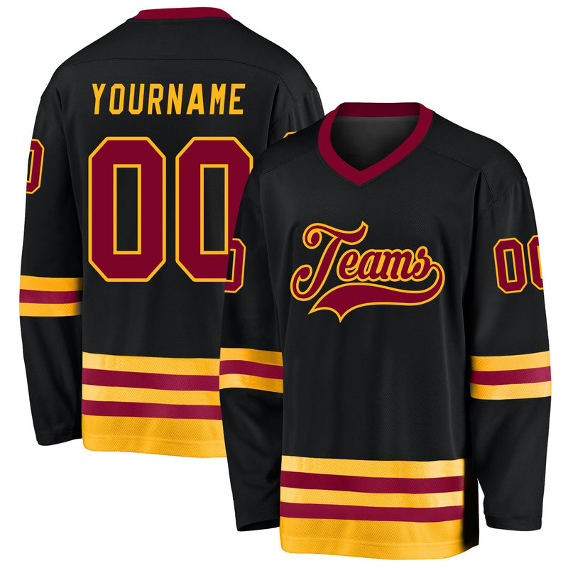 Custom Hockey Jersey, Black Maroon Gold Sportswear Jersey Shirt, Athletic Long Sleeve V Neck Jersey, Casual Gift for Men, Style Black0586