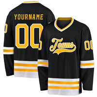 Custom Hockey Jersey, Black Gold White Sportswear Jersey Shirt, Athletic Long Sleeve V Neck Jersey, Casual Gift for Men, Style Black0587