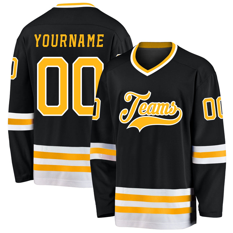 Custom Hockey Jersey, Black Gold White Sportswear Jersey Shirt, Athletic Long Sleeve V Neck Jersey, Casual Gift for Men, Style Black0587
