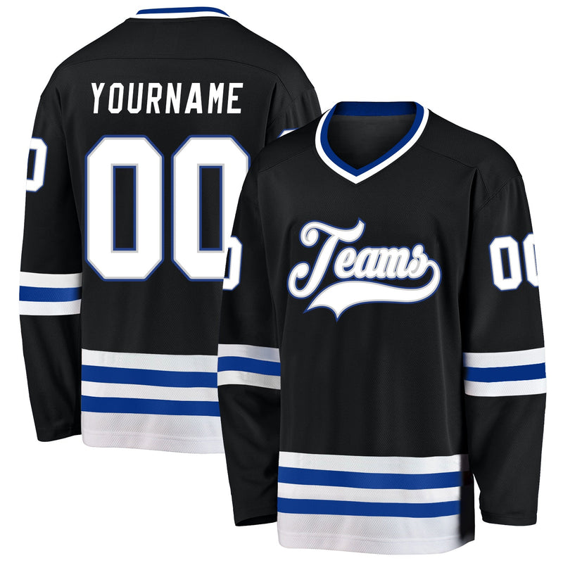 Custom Hockey Jersey, Black White Royal Sportswear Jersey Shirt, Athletic Long Sleeve V Neck Jersey, Casual Gift for Men