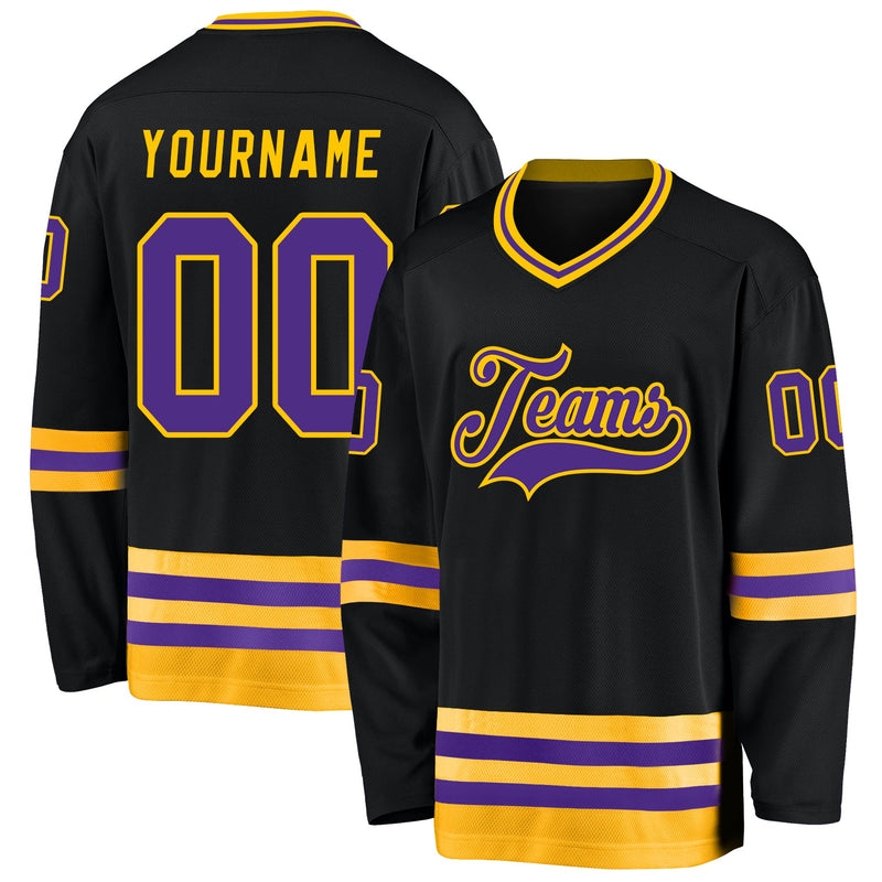 Custom Hockey Jersey, Black Purple Gold Sportswear Jersey Shirt, Athletic Long Sleeve V Neck Jersey, Casual Gift for Men, Style Black0593