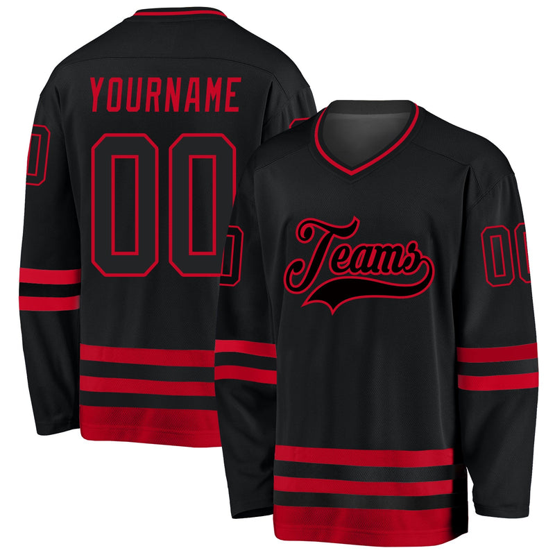 Custom Hockey Jersey, Black Red Sportswear Jersey Shirt, Athletic Long Sleeve V Neck Jersey, Casual Gift for Men, Style Black0609