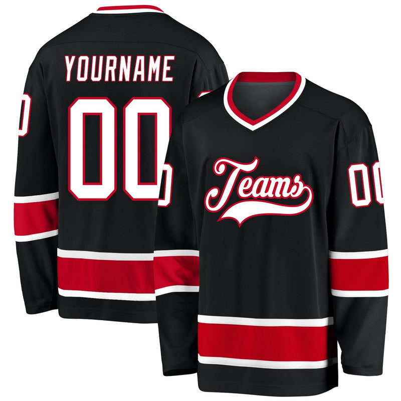 Custom Hockey Jersey, Black White Red Sportswear Jersey Shirt, Athletic Long Sleeve V Neck Jersey, Casual Gift for Men, Style Black0664
