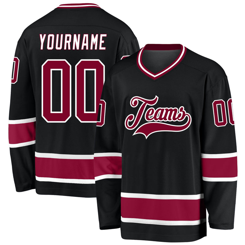 Custom Hockey Jersey, Black Maroon White Sportswear Jersey Shirt, Athletic Long Sleeve V Neck Jersey, Casual Gift for Men, Style Black0666