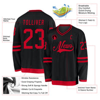 Custom Hockey Jersey, Black Red Sportswear Jersey Shirt, Athletic Long Sleeve V Neck Jersey, Casual Gift for Men, Style Black0725