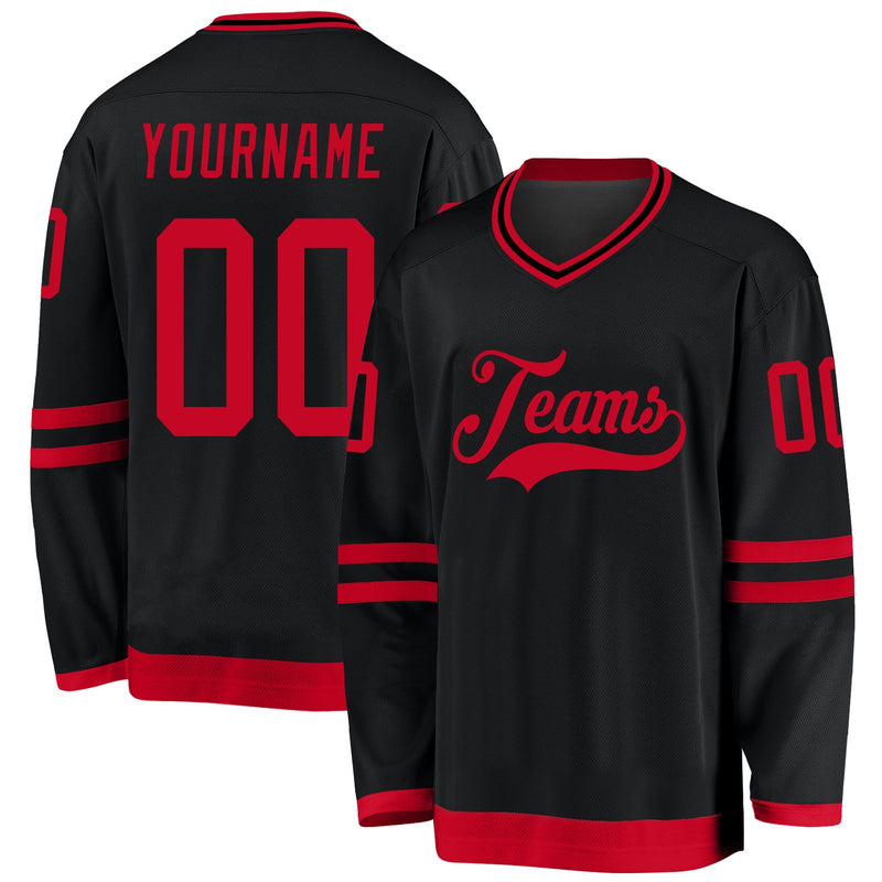 Custom Hockey Jersey, Black Red Sportswear Jersey Shirt, Athletic Long Sleeve V Neck Jersey, Casual Gift for Men, Style Black0725