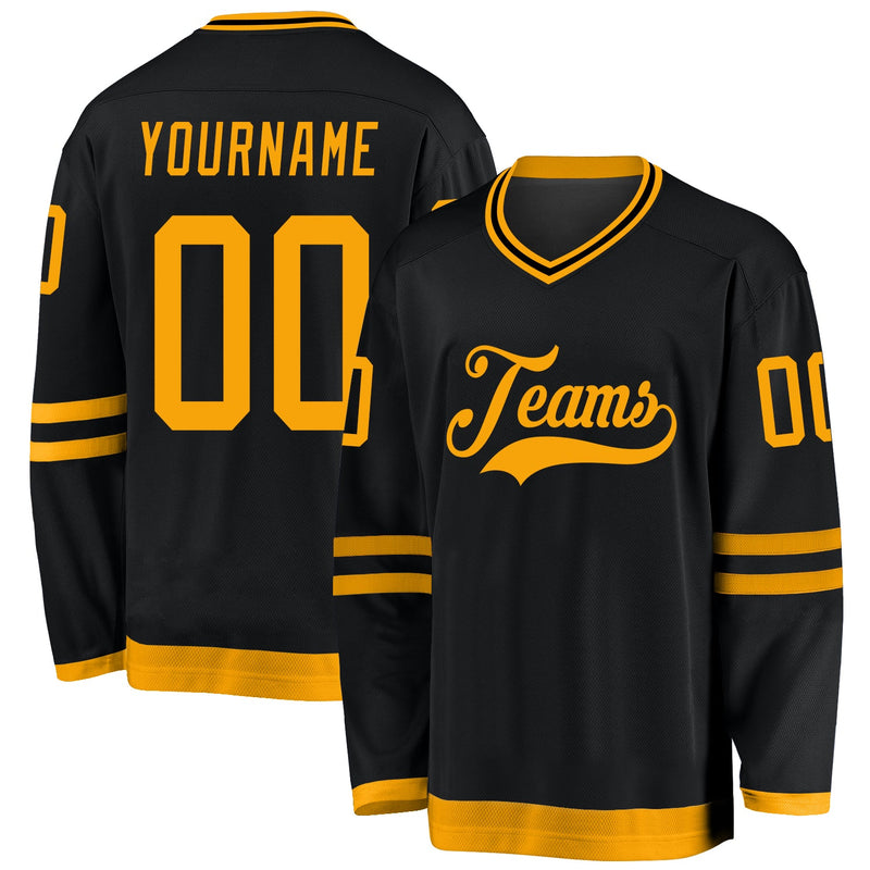 Custom Hockey Jersey, Black Gold Sportswear Jersey Shirt, Athletic Long Sleeve V Neck Jersey, Casual Gift for Men, Style Black0726
