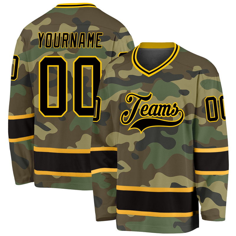 Custom Hockey Jersey, Black Gold Sportswear Jersey Shirt, Athletic Long Sleeve V Neck Jersey, Casual Gift for Men, Style Camo0093