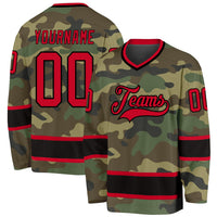 Custom Hockey Jersey, Red Black Sportswear Jersey Shirt, Athletic Long Sleeve V Neck Jersey, Casual Gift for Men, Style Camo0097