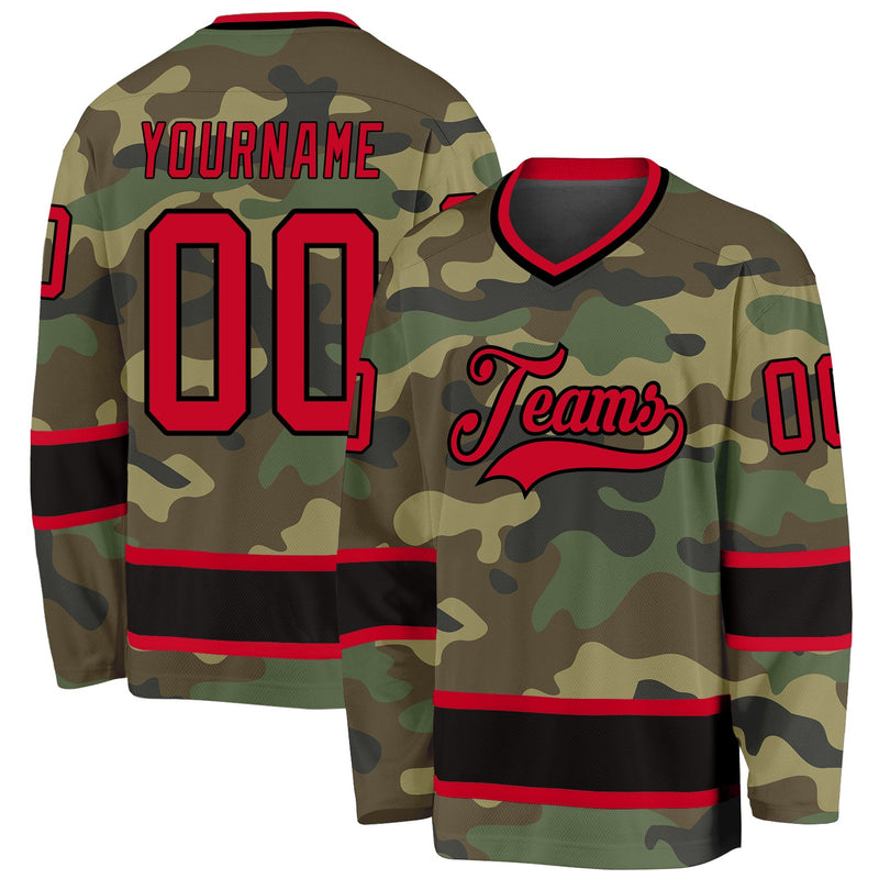 Custom Hockey Jersey, Red Black Sportswear Jersey Shirt, Athletic Long Sleeve V Neck Jersey, Casual Gift for Men, Style Camo0097