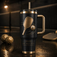 Dink, Rally, Enjoy - Gold Pickleball Momentum on Matte Black