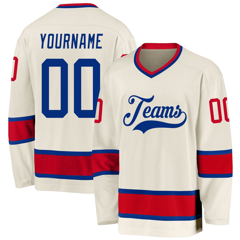 Custom Hockey Jersey, Cream Royal Red Sportswear Jersey Shirt, Athletic Long Sleeve V Neck Jersey, Casual Gift for Men