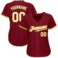 Custom Baseball Jersey, Crimson Cream Gold Pinstripe Sportswear Jersey Shirt, Athletic Button Down Moisture Wicking Jersey, Casual Gift for Men