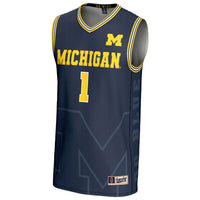 Michigan Wolverines Icon Print Basketball Jersey, Navy Fashion Sportswear Jersey Shirt, Sleeveless Athletic Tank Jersey, Casual Gift for Men