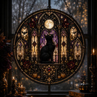 Moonlit Cathedral - Black Cat Round Window Hanging