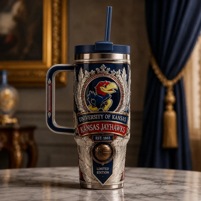KU Heraldic Crest - Ornamental Jayhawk Tumbler Composition