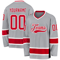 Custom Hockey Jersey, Gray Red White Sportswear Jersey Shirt, Athletic Long Sleeve V Neck Jersey, Casual Gift for Men