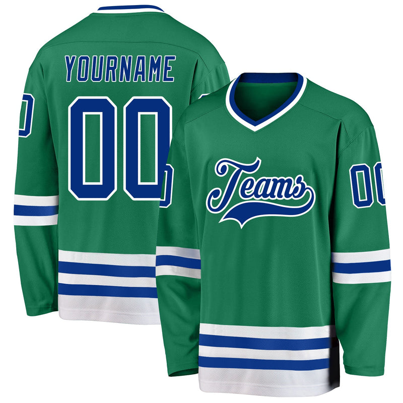 Custom Hockey Jersey, Kelly Green Royal Sportswear Jersey Shirt, Athletic Long Sleeve V Neck Jersey, Casual Gift for Men, Style KellyGreen0153