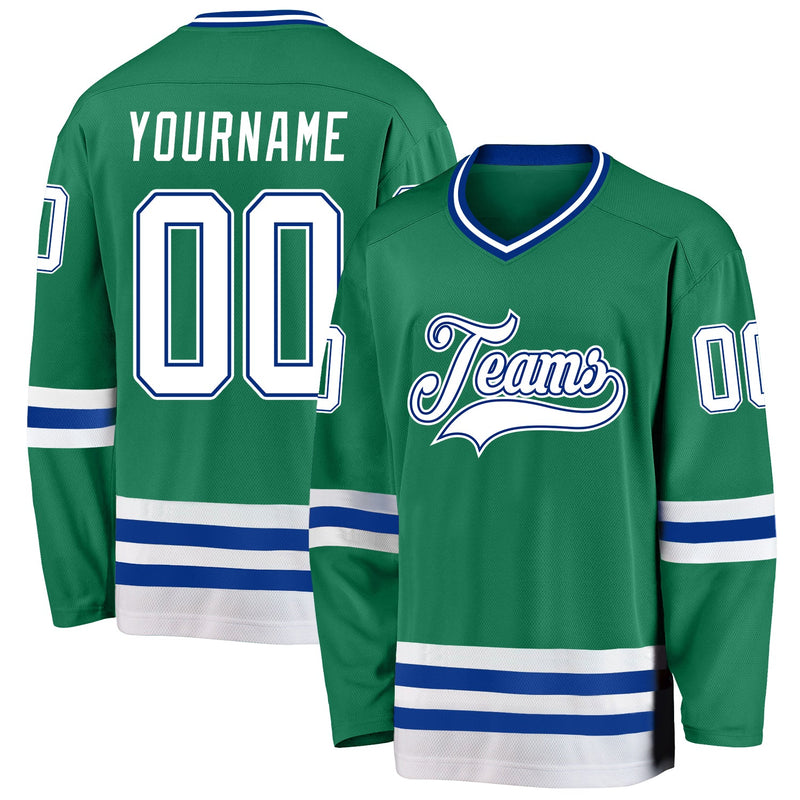 Custom Hockey Jersey, Kelly Green White Sportswear Jersey Shirt, Athletic Long Sleeve V Neck Jersey, Casual Gift for Men, Style KellyGreen0162
