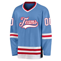 Custom Hockey Jersey, Light Blue White Red Sportswear Jersey Shirt, Athletic Long Sleeve V Neck Jersey, Casual Gift for Men