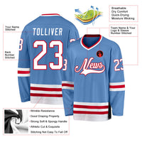 Custom Hockey Jersey, Light Blue White Red Sportswear Jersey Shirt, Athletic Long Sleeve V Neck Jersey, Casual Gift for Men