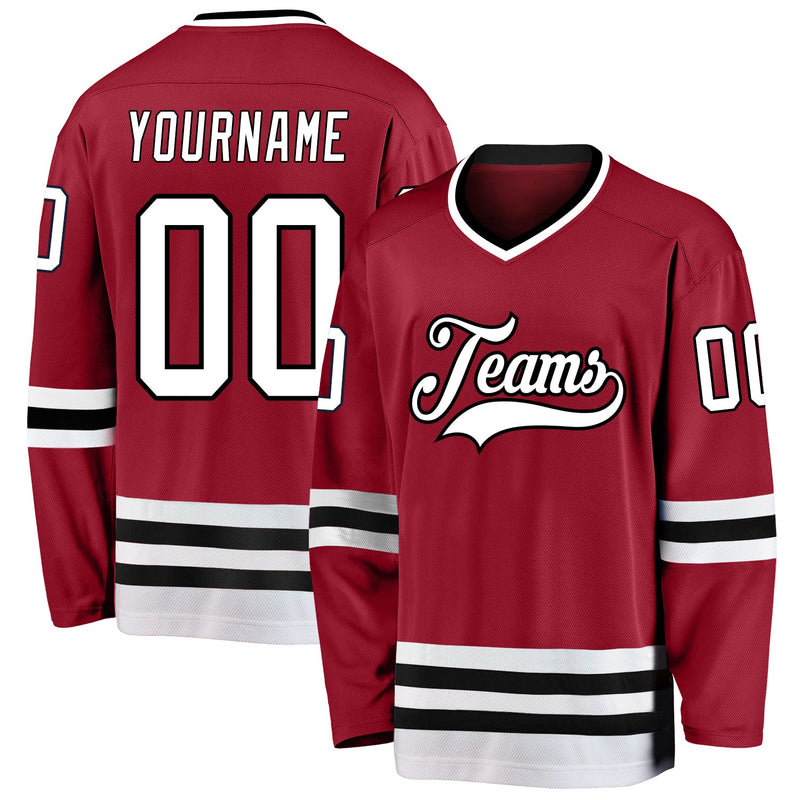 Custom Hockey Jersey, Maroon White Black Sportswear Jersey Shirt, Athletic Long Sleeve V Neck Jersey, Casual Gift for Men, Style Maroon0026
