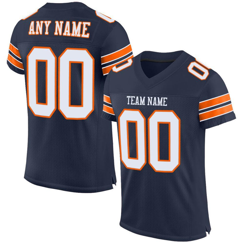 Custom Football Jersey, Navy White Orange Sportswear Jersey Shirt, Athletic Mesh Moisture Wicking Jersey, Casual Gift for Men, Style Navy0014