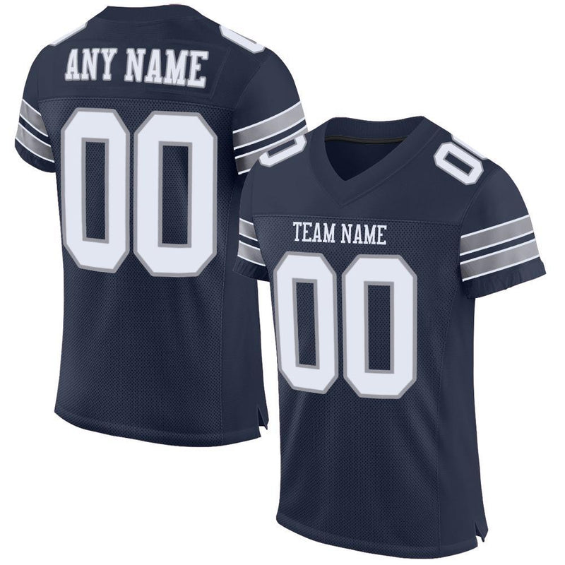 Custom Football Jersey, Navy White Gray Sportswear Jersey Shirt, Athletic Mesh Moisture Wicking Jersey, Casual Gift for Men, Style Navy0015