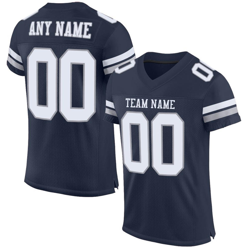 Custom Football Jersey, Navy White Gray Sportswear Jersey Shirt, Athletic Mesh Moisture Wicking Jersey, Casual Gift for Men, Style Navy0082