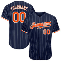 Custom Baseball Jersey, Navy White Orange Pinstripe Sportswear Jersey Shirt, Athletic Button Down Moisture Wicking Jersey, Casual Gift for Men