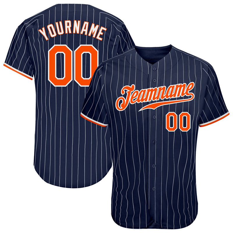 Custom Baseball Jersey, Navy White Orange Pinstripe Sportswear Jersey Shirt, Athletic Button Down Moisture Wicking Jersey, Casual Gift for Men
