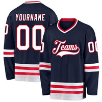 Custom Hockey Jersey, Navy White Red Sportswear Jersey Shirt, Athletic Long Sleeve V Neck Jersey, Casual Gift for Men