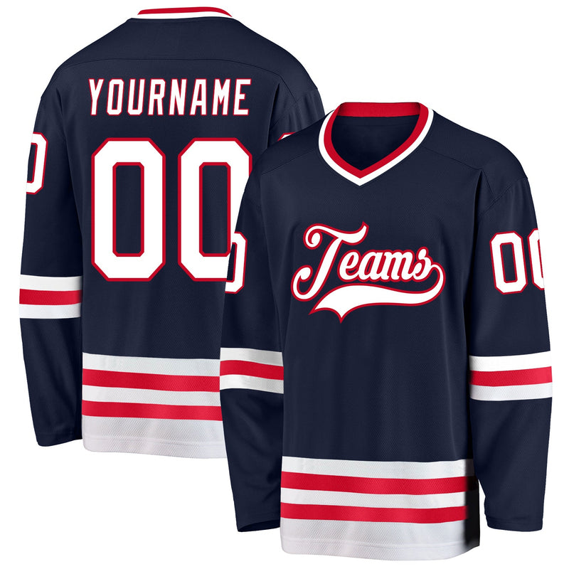 Custom Hockey Jersey, Navy White Red Sportswear Jersey Shirt, Athletic Long Sleeve V Neck Jersey, Casual Gift for Men