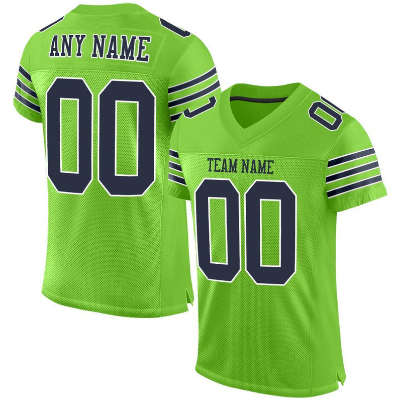 Custom Football Jersey, Neon Green Navy Sportswear Jersey Shirt, Athletic Mesh Moisture Wicking Jersey, Casual Gift for Men, Style NeonGreen0004
