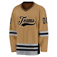 Custom Hockey Jersey, Old Gold Black Gray Sportswear Jersey Shirt, Athletic Long Sleeve V Neck Jersey, Casual Gift for Men
