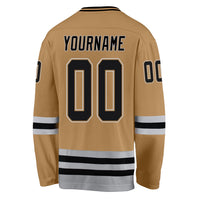 Custom Hockey Jersey, Old Gold Black Gray Sportswear Jersey Shirt, Athletic Long Sleeve V Neck Jersey, Casual Gift for Men