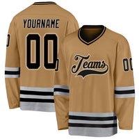Custom Hockey Jersey, Old Gold Black Gray Sportswear Jersey Shirt, Athletic Long Sleeve V Neck Jersey, Casual Gift for Men