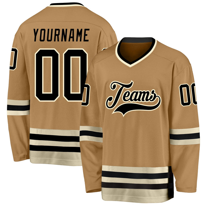Custom Hockey Jersey, Old Gold Black Cream Sportswear Jersey Shirt, Athletic Long Sleeve V Neck Jersey, Casual Gift for Men, Style OldGold0014